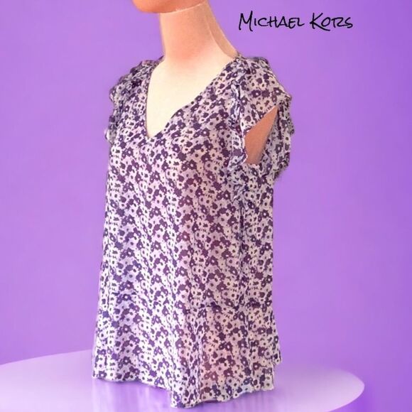 MICHAEL KORS BLOUSE TOP PURPLE FLORAL LIGHTWEIGHT SMALL RUFFLE SLEEVES - Picture 2 of 5